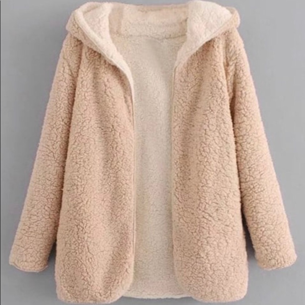Hooded Open Front Lamb Wool Teddy Coat